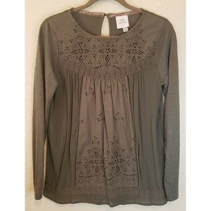 Knox Rose Boho Olive Green Long Sleeve Smocked Shirt Top Embroidered Sz Small